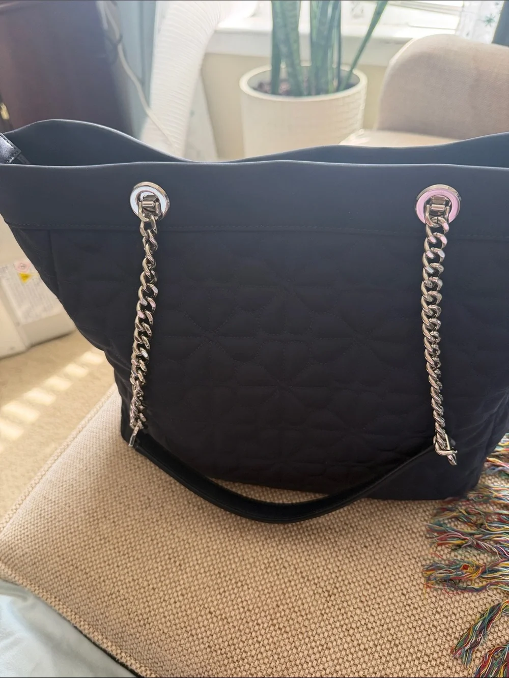 kate spade Black Quilted Tote with Chain Handles and Navy Scarf Accent